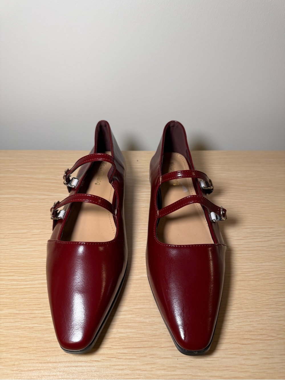 Women's Burgundy Double-Strap Pointed Mary Jane Flats